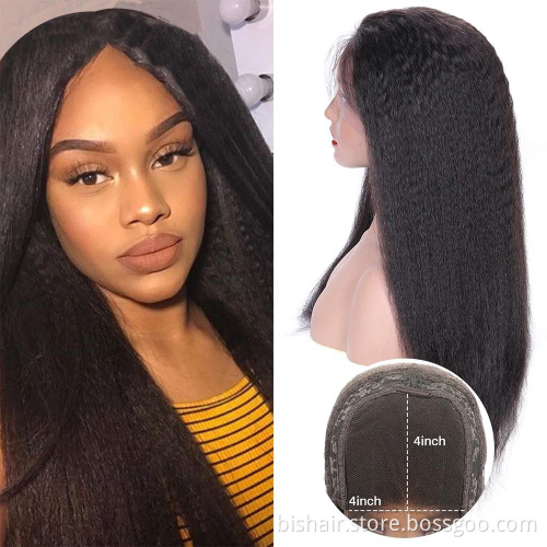 wholesale kinky straight 4x4 transparent lace frontal human hair wig for black women with 12a 150 density yaki human hair wig